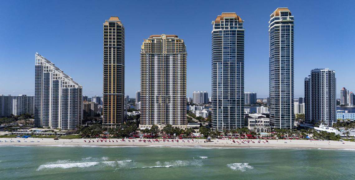 An aerial view of a stretch of skyline of Sunny Isles Beach, where a 2024 study led by the University of Miami showed that 70 percent of high-rises experienced unexpected sinking years after construction. 