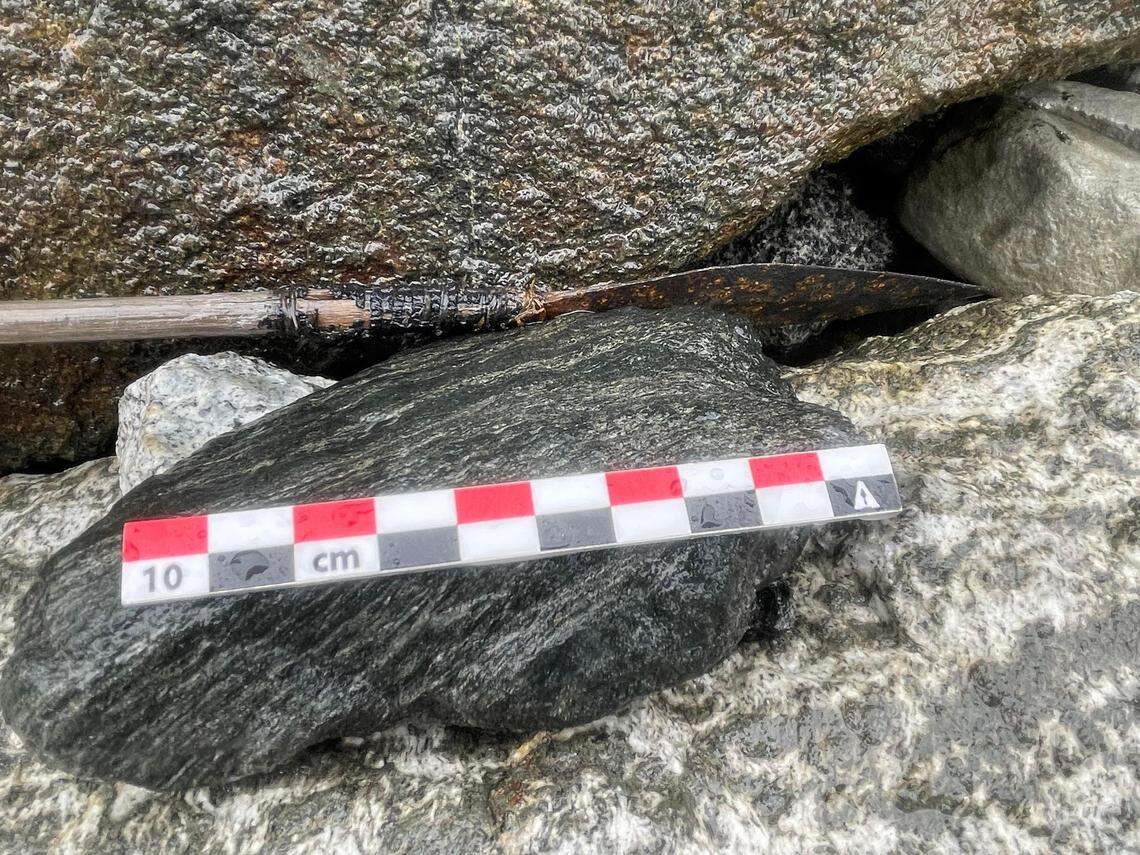 The head of the 1,500-year-old arrow found from in a melting ice patch in the Jotunheimen Mountains in Innlandet County, Norway.