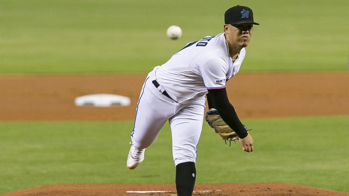 Miami Marlins starting pitcher Jordan Yamamoto (50) against the San Diego Padres in the first inning of a baseball game at Marlins Park in Miami on Tuesday, July 16, 2019.