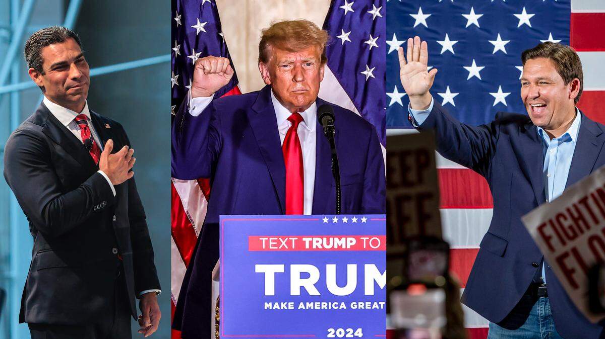 From left, Francis Suarez, Donald Trump and Ron DeSantis.