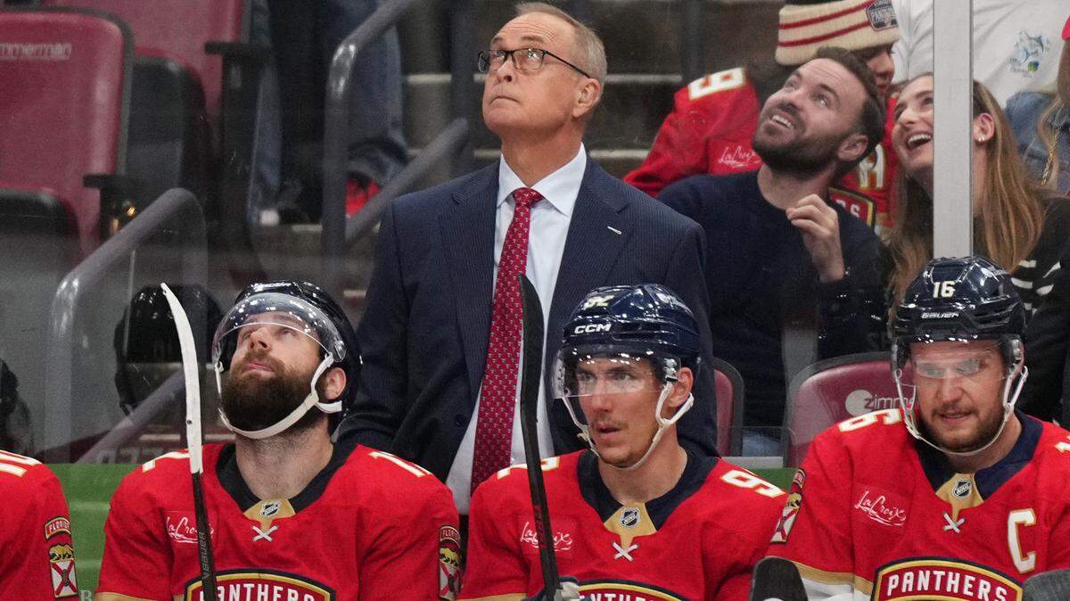Feb 22, 2025; Sunrise, Florida, USA; Florida Panthers head coach Paul Maurice awaits a decision on a goal against the Seattle Kraken during the second period at Amerant Bank Arena. Mandatory Credit: Jim Rassol-Imagn Images