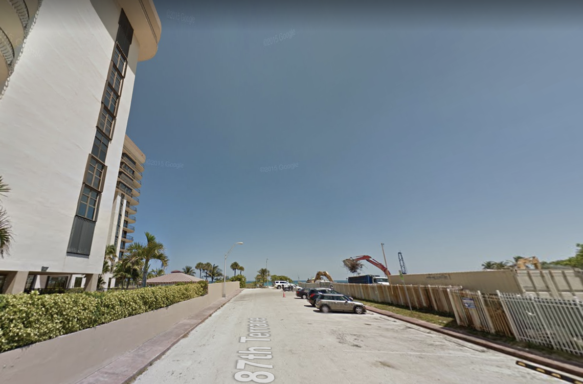 A 2015 image from Google Maps showing Champlain Towers South (left) and the street that was taken over by the Eighty Seven Park developers – a deal that moved construction within 12 feet of Champlain’s perimeter wall.