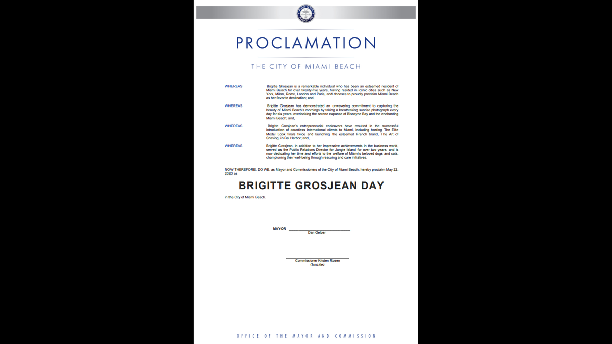 A proclamation by Miami Beach Commissioner Kristen Rosen Gonzalez and Mayor Dan Gelber honored Brigitte Grosjean for her daily sunrise photographs of the city. Social media posts show mayoral candidate Michael Gongora presented the proclamation to Grosjean on Rosen Gonzalez’s behalf.