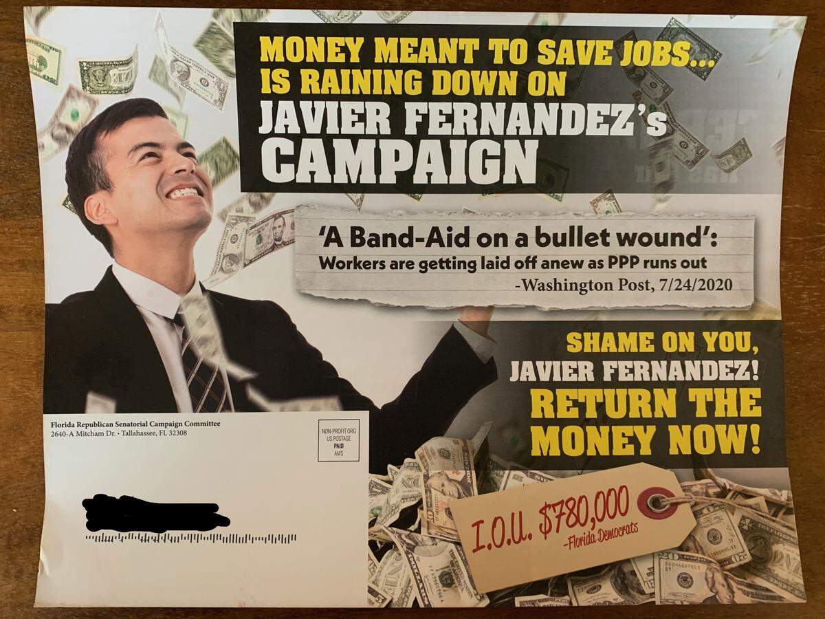 Rep. Javier Fernández, who hopes to flip a competitive seat in Senate District 39, has become the latest target of a GOP-backed political mailer that criticizes the Florida Democratic Party and by association, their candidates, for taking $780,000 in small-business loans earlier this year.