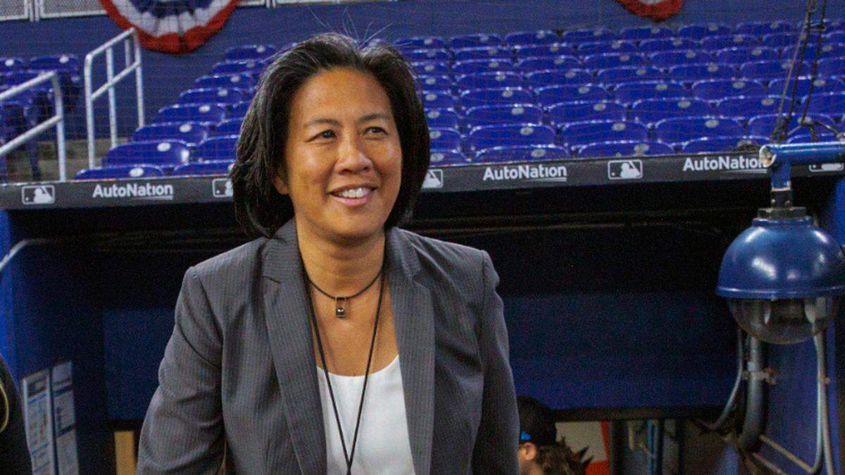 Miami Marlins general manager Kim Ng walks into the field before the team’s season home opener baseball game against the Philadelphia Phillies at LoanDepot Park on Thursday, April 14, 2022 in Miami, Florida.
