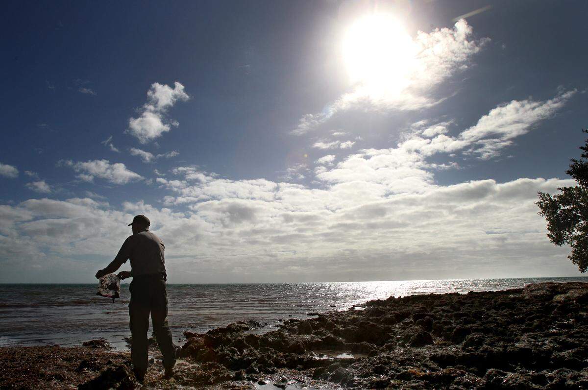 Biscayne National Park Ranger Gary Bremen picks up litter at Elliott Key, which offers overnight camping accessible only by boat. The National Park Service wants to restructure South Florida's four national parks to eliminate redundancies.