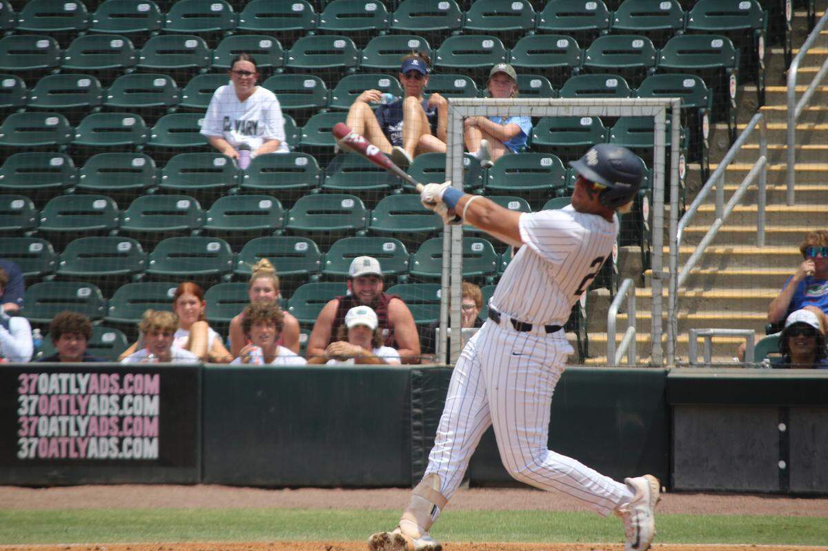 North Broward Prep third baseman Gian De Castro swings at a ball during Saturday night’s Class 3A state championship against Clearwater Calvary Christian at Hammond Stadium in Fort Myers.