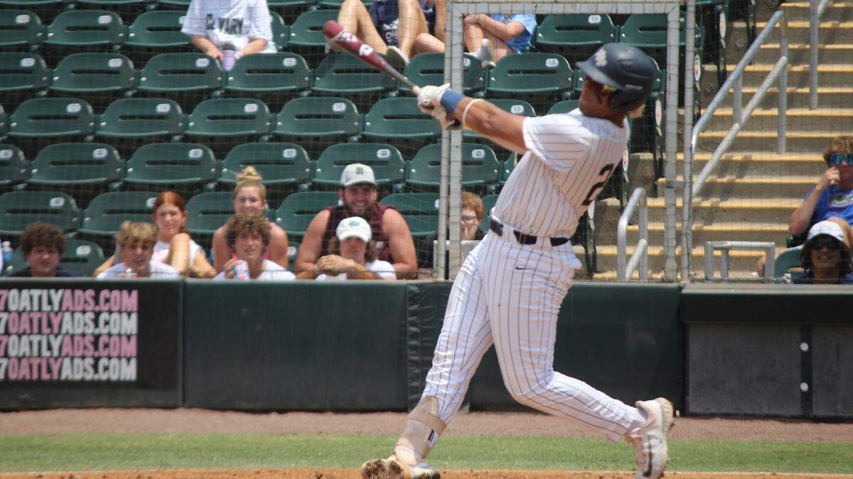 North Broward Prep third baseman Gian De Castro swings at a ball during Saturday night’s Class 3A state championship against Clearwater Calvary Christian at Hammond Stadium in Fort Myers.