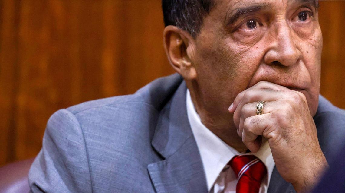 Suspended Miami Dade Commissioner Joe Martinez, left, listens closely to the State’s closing argument inside Judge de la O’s courtroom at the Richard E. Gerstein Justice Building in Miami, Florida, on Thursday, November 7, 2024.