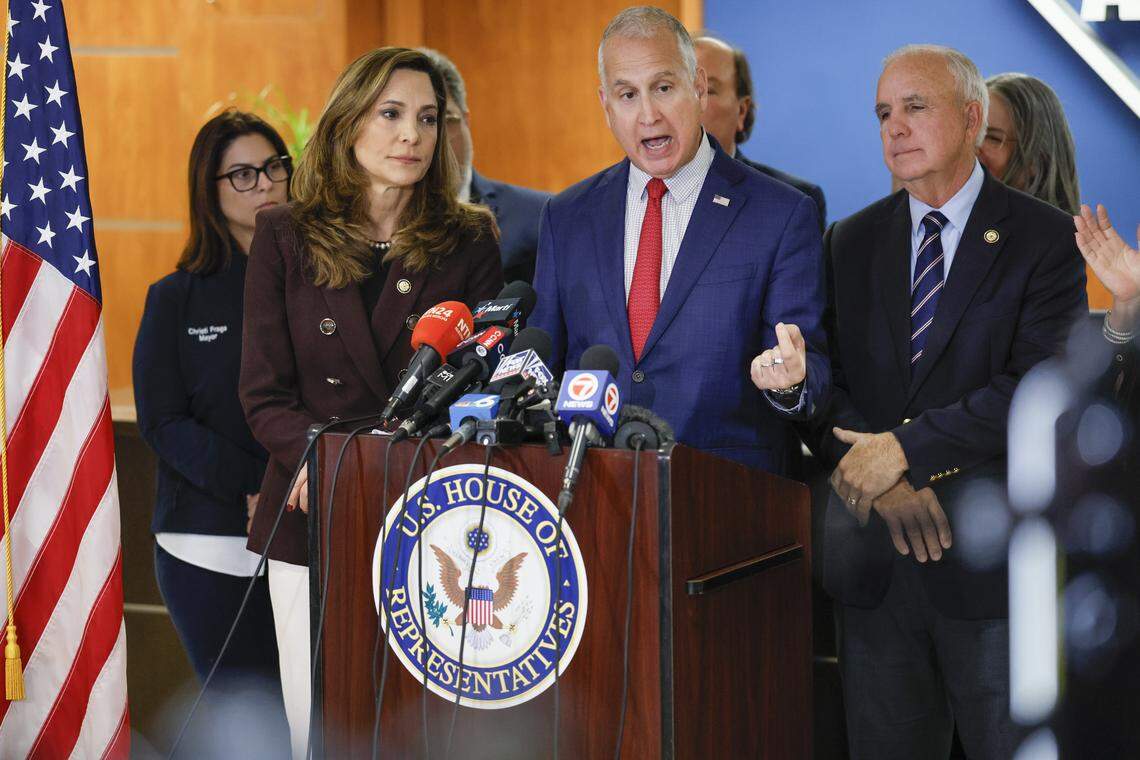 United States Repsresentatives Mario Diaz-Balart speaks as Maria Elvira Salazar and Carlos Gimenez hold a joint press conference in Doral, Florida, to discuss the U.S. attack on Venezuela and the capture of Venezuelan leader Nicolás Maduro on Saturday, January 3, 2026. 