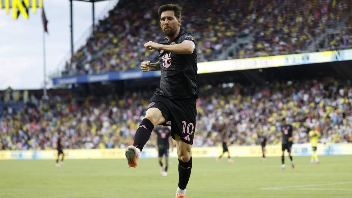 Lionel Messi #10 of Inter Miami CF celebrates after scoring the team's first goal during the MLS match between Nashville SC and Inter Miami CF at GEODIS Park on October 18, 2025 in Nashville, Tennessee.
