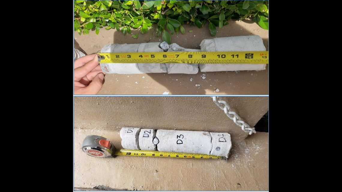 Concrete core samples taken out of the pool deck of Champlain Tower South as noted in an October 2020 report by engineer Frank Morabito.