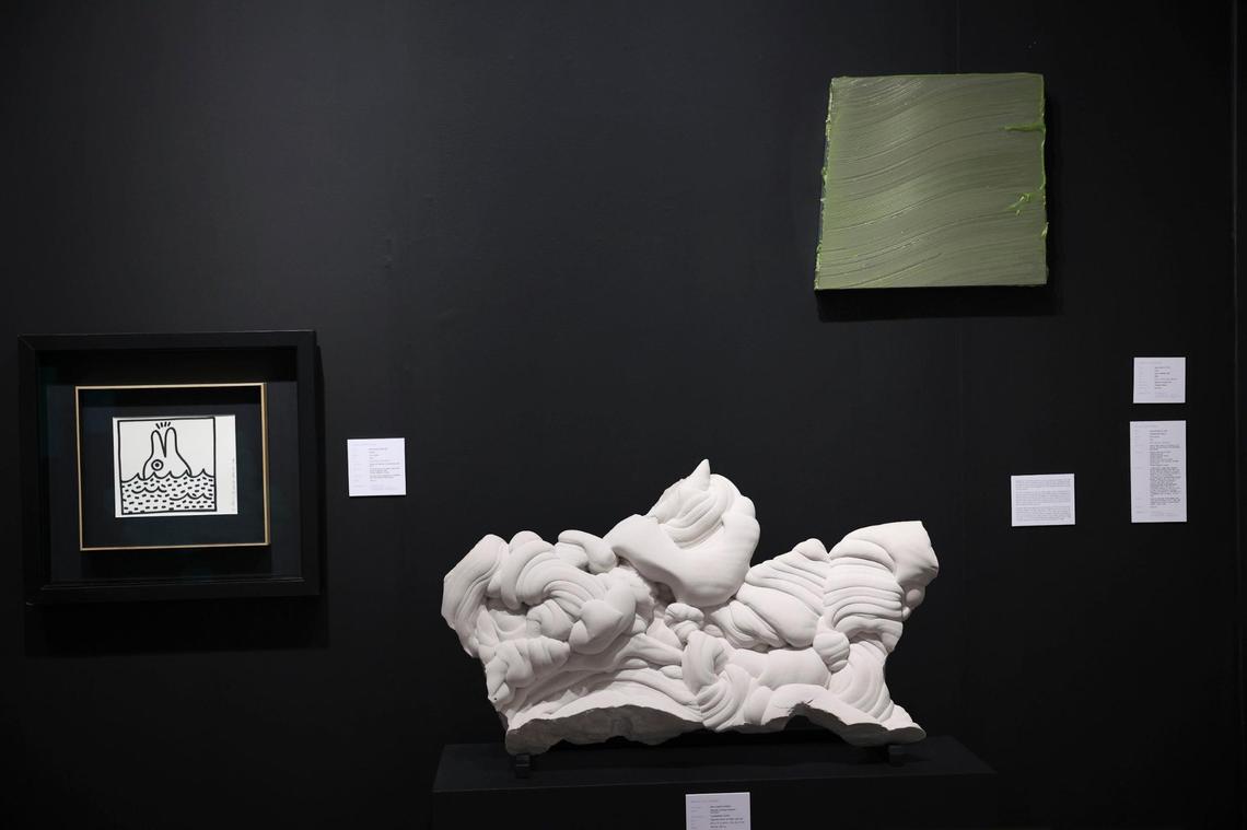 Artwork inside the Archeus/Post Modern gallery booth during the opening night of VIP for Art Miami on Tuesday, Nov. 29, 2022, at CONTEXT Art Miami.