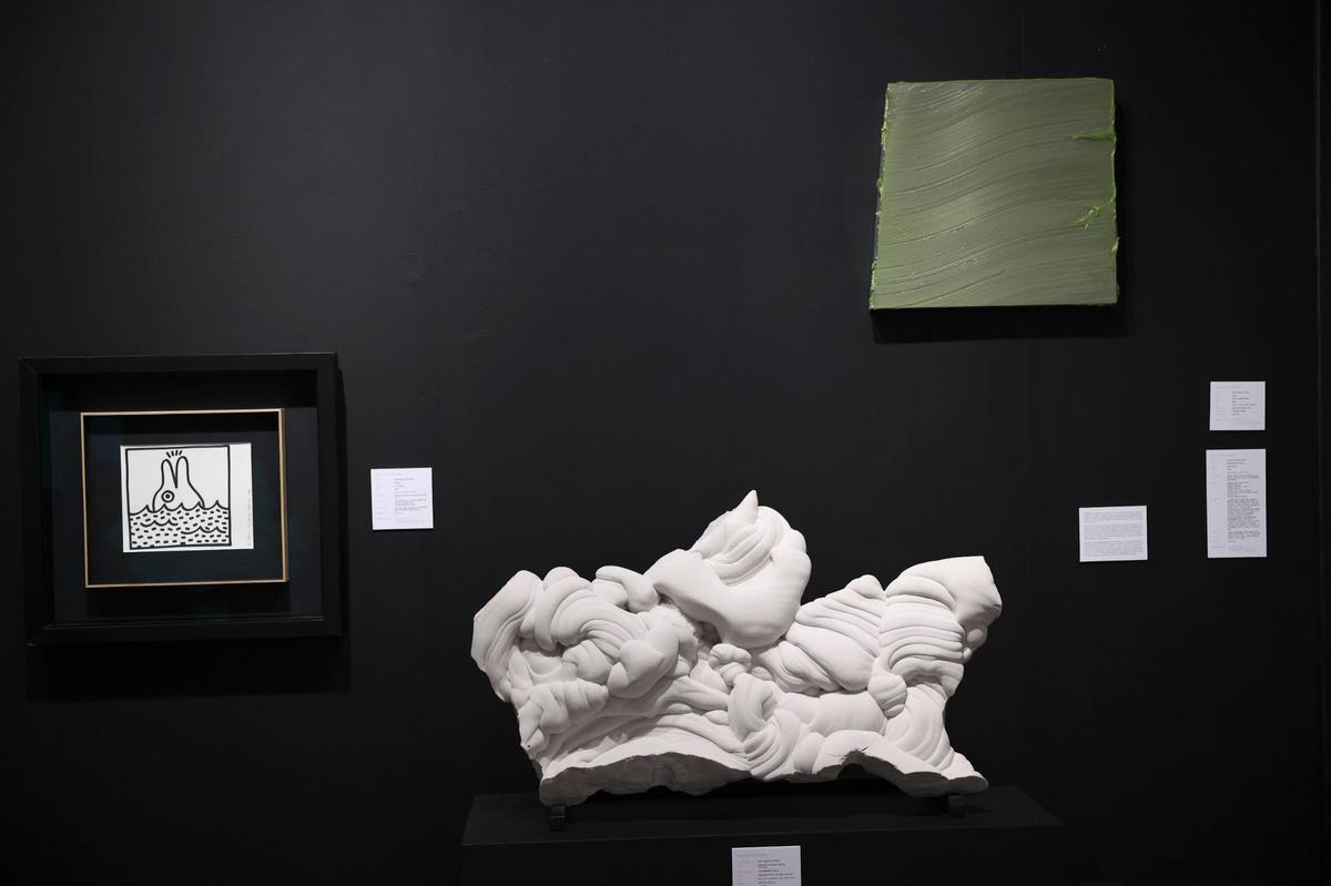 Artwork inside the Archeus/Post Modern gallery booth during the opening night of VIP for Art Miami on Tuesday, Nov. 29, 2022, at CONTEXT Art Miami.