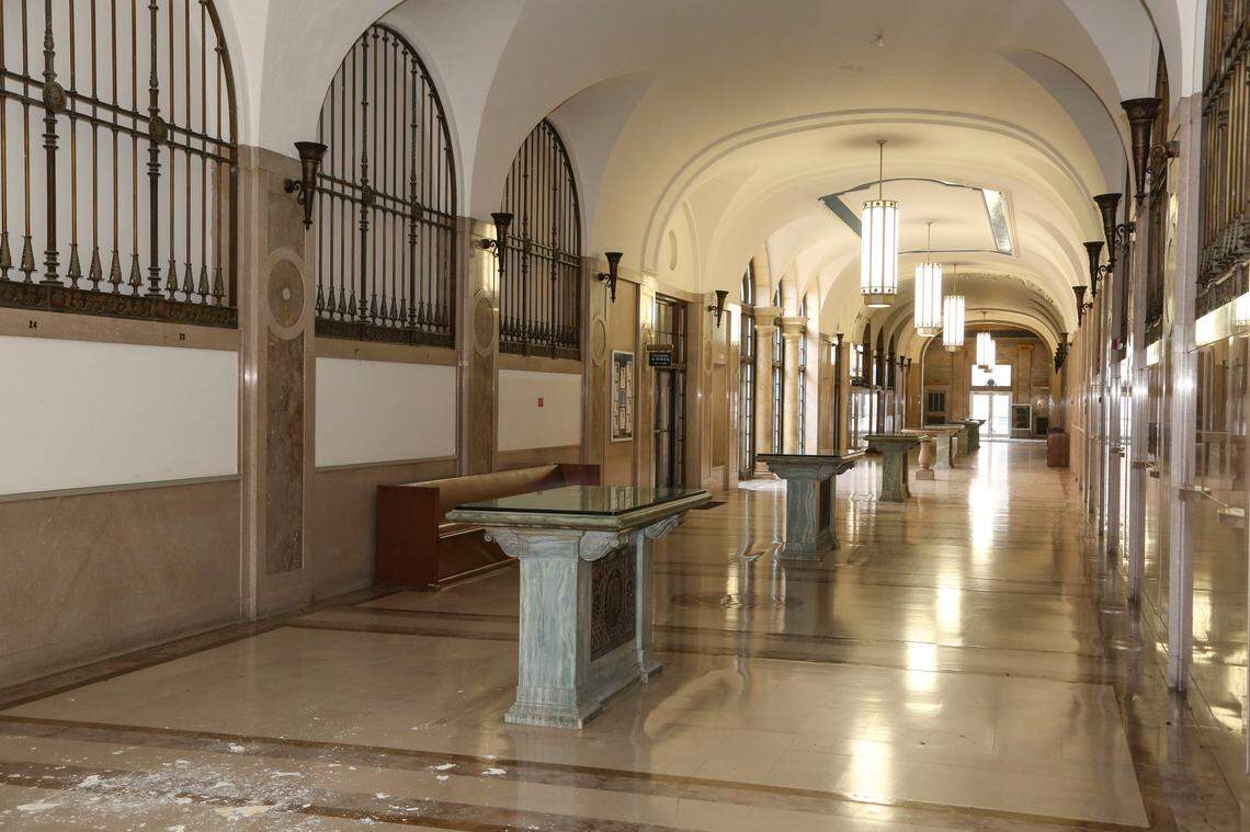 The front hall of the David W. Dyer federal courthouse with marble-topped post office tables in Miami in 2015.