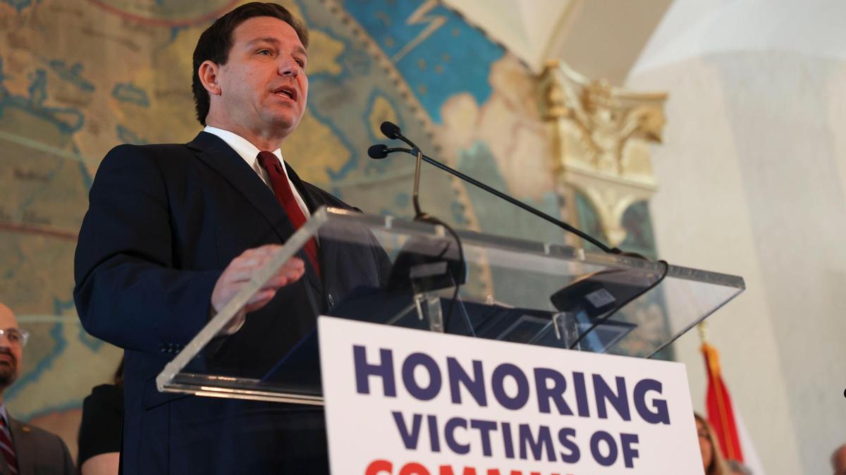 Gov. Ron DeSantis speaks during the Honoring the Victims of Communism press conference at the Freedom Tower in Miami on Monday, May 9, 2022. DeSantis later signed a bill making Nov. 7 “Victims of Communism Day.”