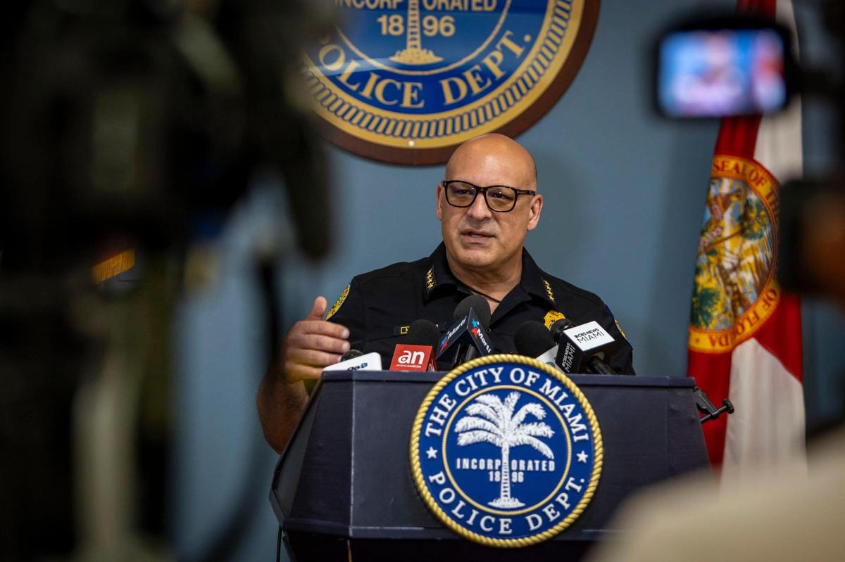 Miami, Florida, October 30, 2024 - City of Miami Police Chief Manuel Morales speaks to reporters during a Media Briefing in the Miami Police Central Station Lobby (400 NW 2 Ave) to announce the arrest of Damian Valdez-Galloso in New York in connection with the shooting death of El Taiger.