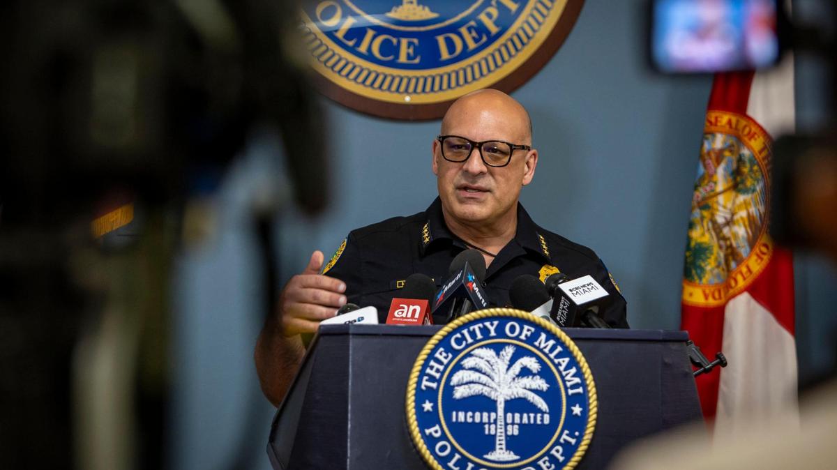 Miami, Florida, October 30, 2024 - City of Miami Police Chief Manuel Morales speaks to reporters during a Media Briefing in the Miami Police Central Station Lobby (400 NW 2 Ave) to announce the arrest of Damian Valdez-Galloso in New York in connection with the shooting death of El Taiger.