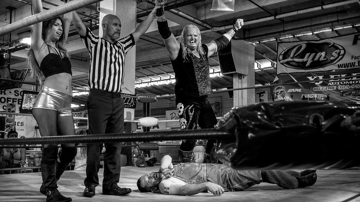 Wrestler Gangrel the Vampire Warrior, right, celebrates a victory over Cousin Earl at a Coastal Championship Wrestling event at the Opa-locka Flea Market in December 2015. The flea market is closing on Sept. 30, 2022.