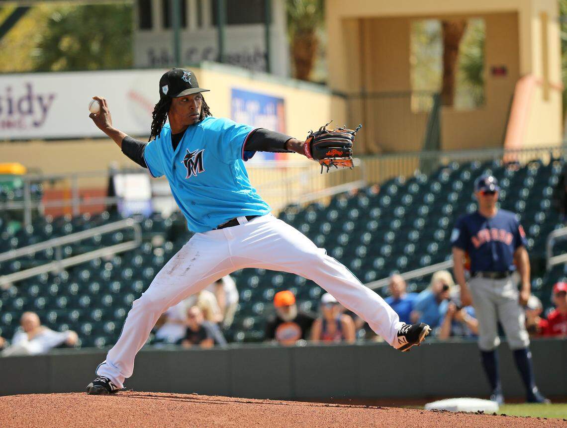 Miami Marlins pitcher Jose Urena (62) pitches during the first inning of a Major League Baseball spring training game against the Houston Astros at the Roger Dean Chevrolet Stadium on Thursday, March 7, 2019 in Jupiter, FL.