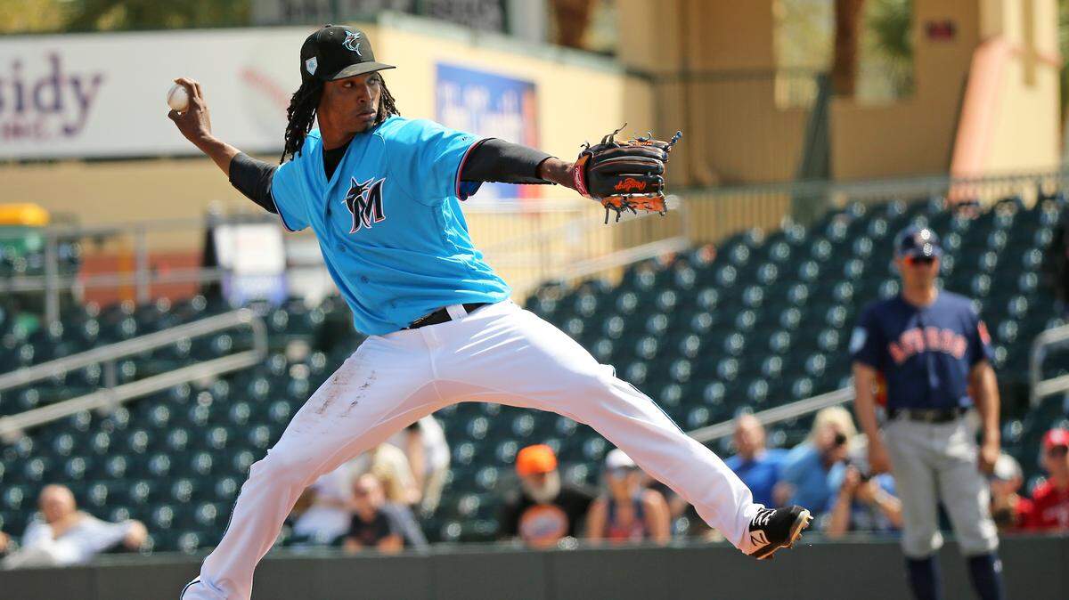 Miami Marlins pitcher Jose Urena (62) pitches during the first inning of a Major League Baseball spring training game against the Houston Astros at the Roger Dean Chevrolet Stadium on Thursday, March 7, 2019 in Jupiter, FL.