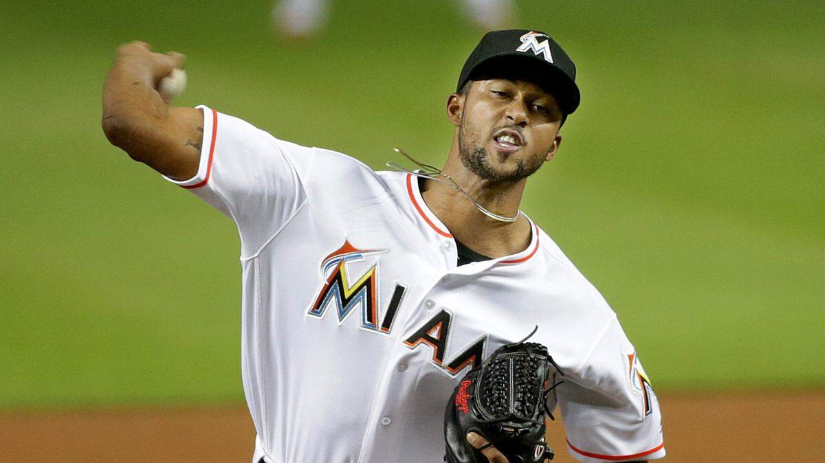 Marlins pitcher Sandy Alcantara pitches in the first inning of the Miami Marlins vs Washington Nationals game at Marlins Park, Tuesday, September 18, 2018.