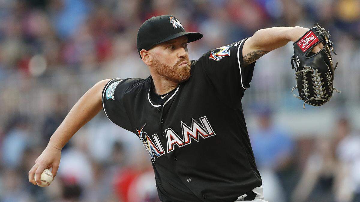 Miami Marlins starting pitcher Dan Straily works in the first inning of a baseball game against the Atlanta Braves, Friday, May 18, 2018, in Atlanta. (AP Photo/John Bazemore)
