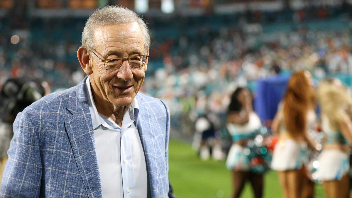 Miami Dolphins owner Stephen Ross walks off the field after the Dolphins defeat the New England Patriots 33-24 at Hard Rock Stadium in Miami Gardens on Sunday, January 9, 2022.
