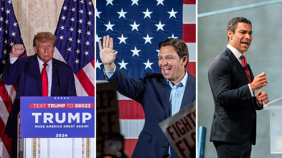 De izquierda a derecha, el ex presidente Donald J. Trump, el gobernador  Ron DeSantis y el alcalde Francis Suárez.