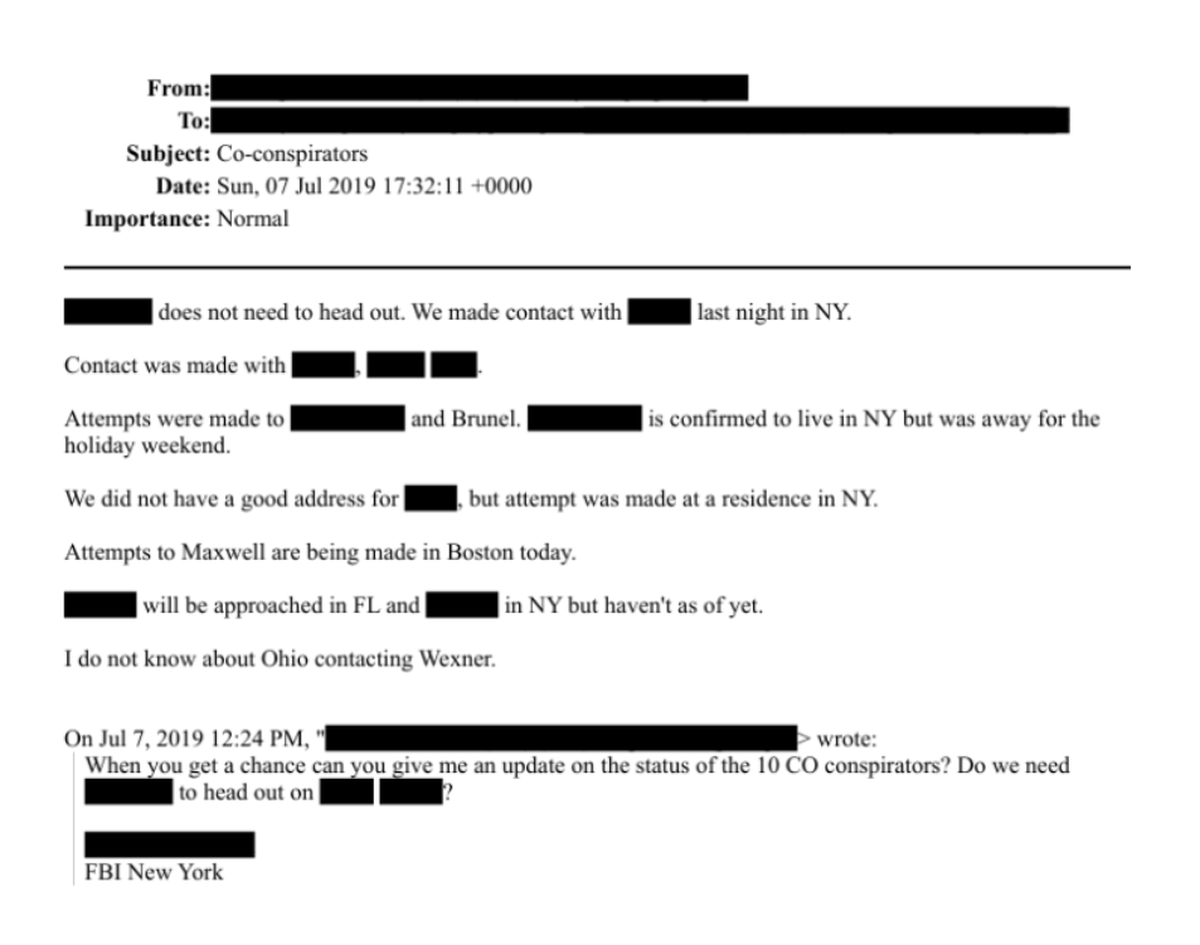 An email in the Department of Justice files shows co-conspirators of Jeffrey Epstein investigated by the FBI