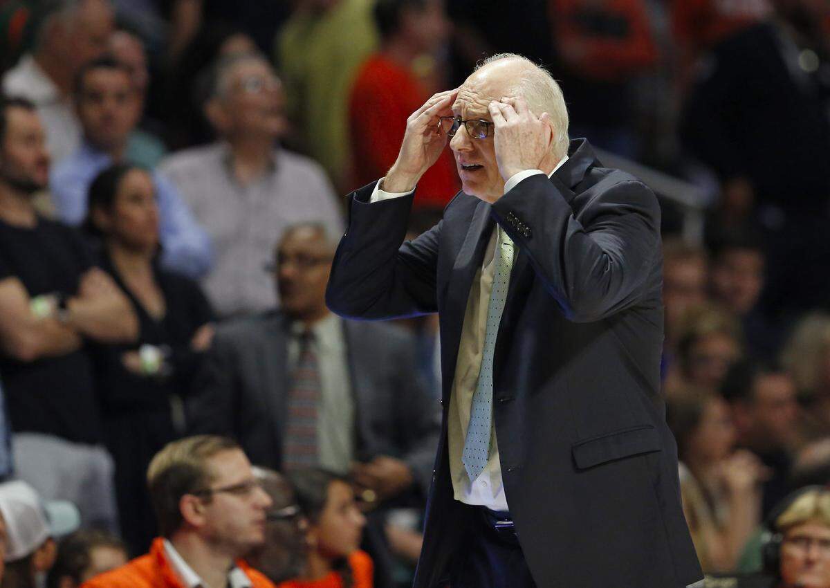Miami Hurricanes head coach Jim Larrañaga shows frustration during the second half of an NCAA college basketball game against the NC State Wolfpack at the Watsco Center in Coral Gables on Thursday, January 3, 2019