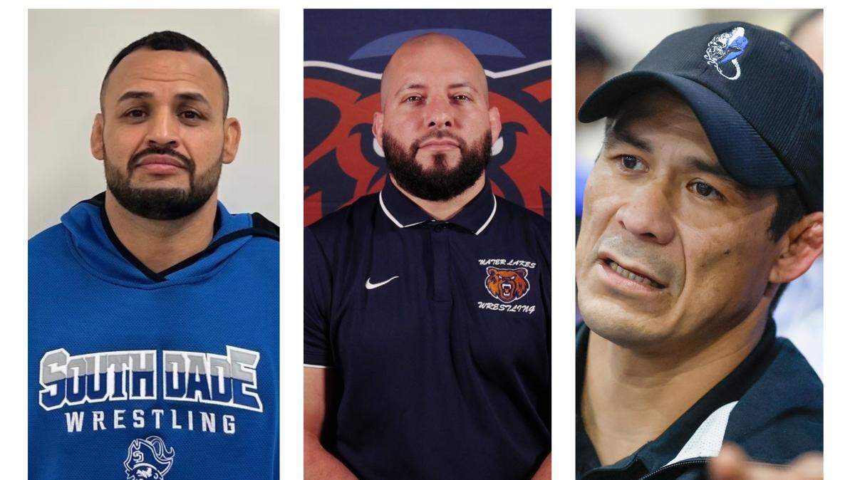 South Dade’s Gamaliel Duran (left), Mater Lakes’ Brandon Neifeld (middle) and South Dade’s Humberto Reyna (right) are the Miami Herald’s Dade Wrestling Coaches of the Year.