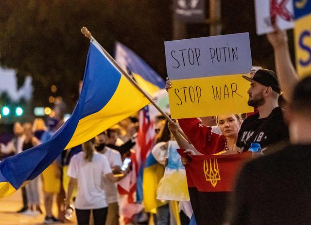 On Feb. 24, 2022, members of the Ukrainian and Russian communities in South Florida gathered in front of Hallandale Beach City Hall in support of Ukraine after Russian forces invaded the country earlier in the day.