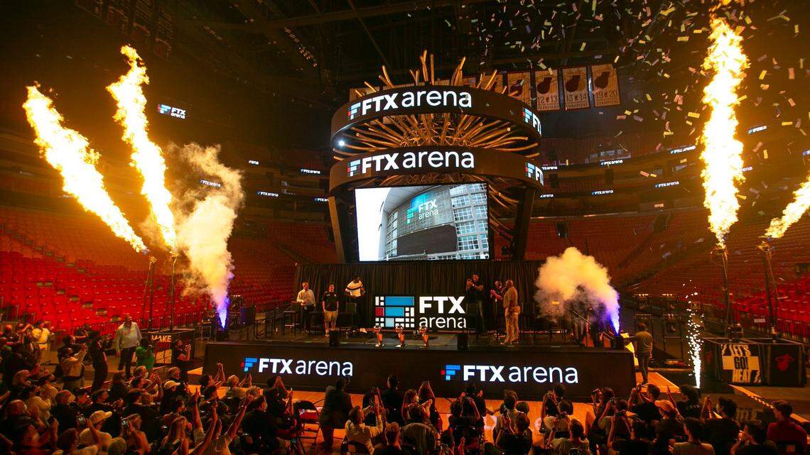 FTX CEO Sam Bankman-Fried, Heat president of business operations Eric Woolworth, Miami-Dade County Mayor Daniella Levine Cava and Heat players Bam Adebayo and Udonis Haslem attend a press conference where it was formally announced that the Miami Heats new home would be called the FTX Arena in downtown Miami, Florida on Friday, June 4, 2021.