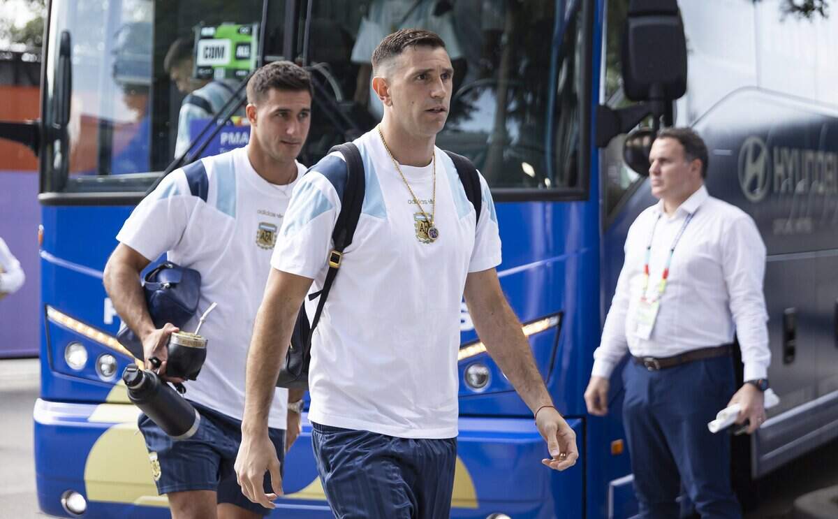Argentina goalkeeper Emiliano Martínez (23) arrives to Hard Rock Stadium (Miami Stadium) ahead of his team's FIFA World Cup 2026 Round of 32 soccer match against Cape Verdeon Friday, July 3, 2026, in Miami Gardens, Fla.