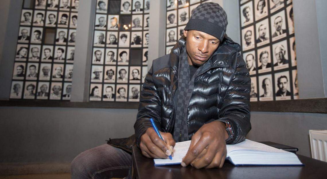 Former Miami Heat star Ray Allen at a Holocaust memorial museum during his trip to Poland in 2017.
