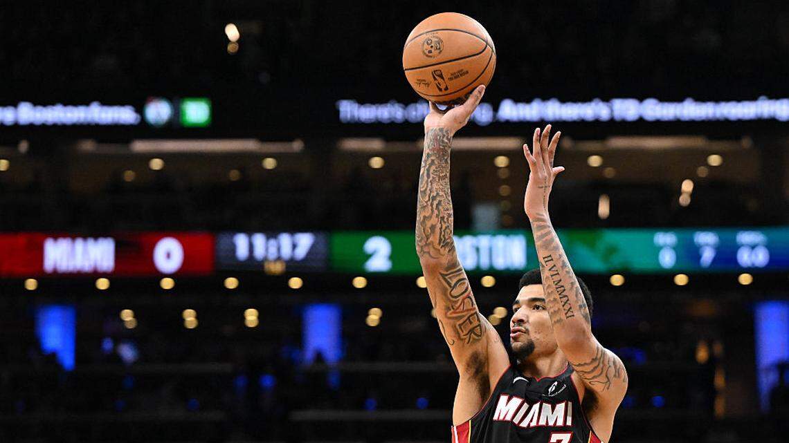 Kel'el Ware #7 of the Miami Heat attempts a shot against the Boston Celtics during the first half at TD Garden on December 19, 2025 in Boston.