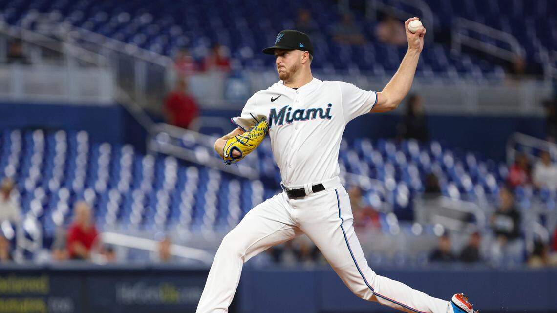 Miami Marlins starting pitcher Trevor Rogers (28) pitches the ball during the first inning against the San Francisco Giants at an MLB game on Wednesday, April 19, 2023, at loanDepot Park in Miami.