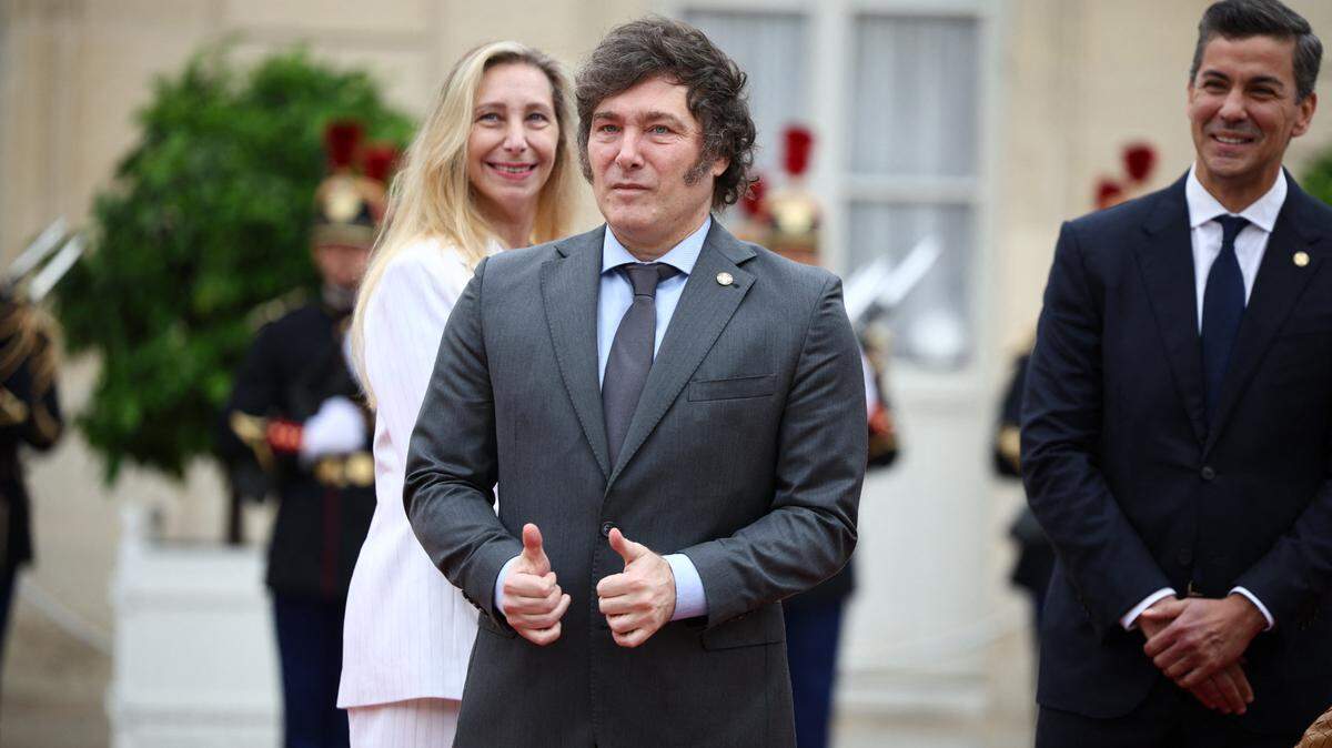 President Javier Milei of Argentina, center, attends a reception at the Elysee Palace on July 26 2024 prior to the Paris 2024 Olympic Games Opening Ceremony in Paris, France.