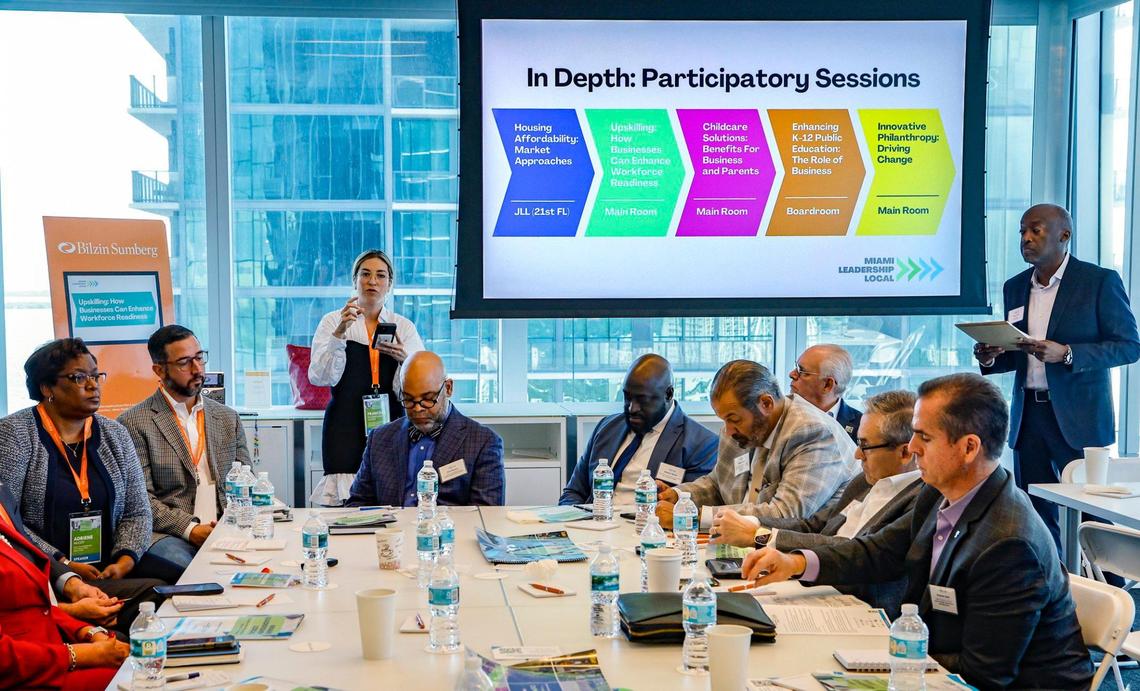 Francesca de Quesada Covey, Miami-Dade County Chief Innovation and Economic Development Officer, speaks during the Upskilling: How Businesses Can Enhance Workforce Readiness session during the Miami Leadership Local conference at Bilzen Sumberg in Miami on Friday, October 27, 2023.
