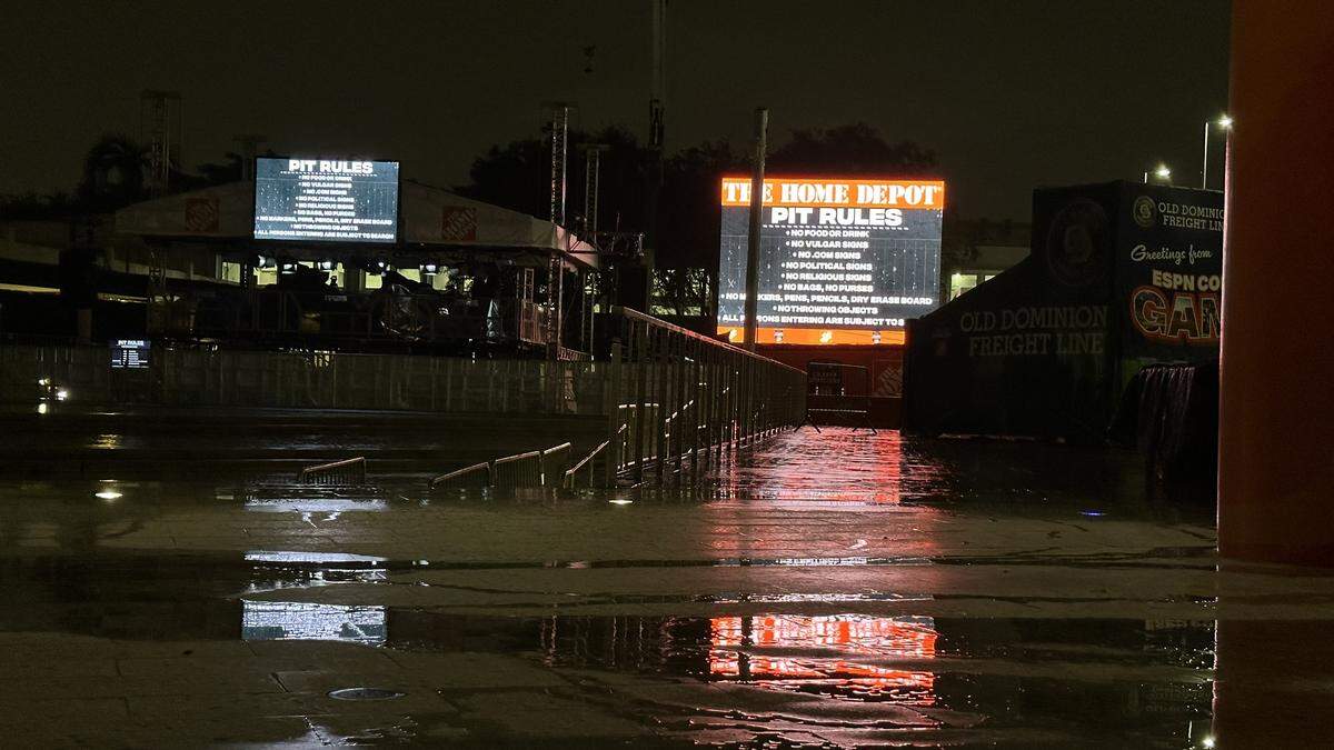 University of Miami’s Lakeside Patio on Thursday night, Sept. 18, 2025, is almost ready for ESPN’s GameDay presentation on Saturday, but it’s wet from persistant wet weather. But will the rain end in time for the big celebration?