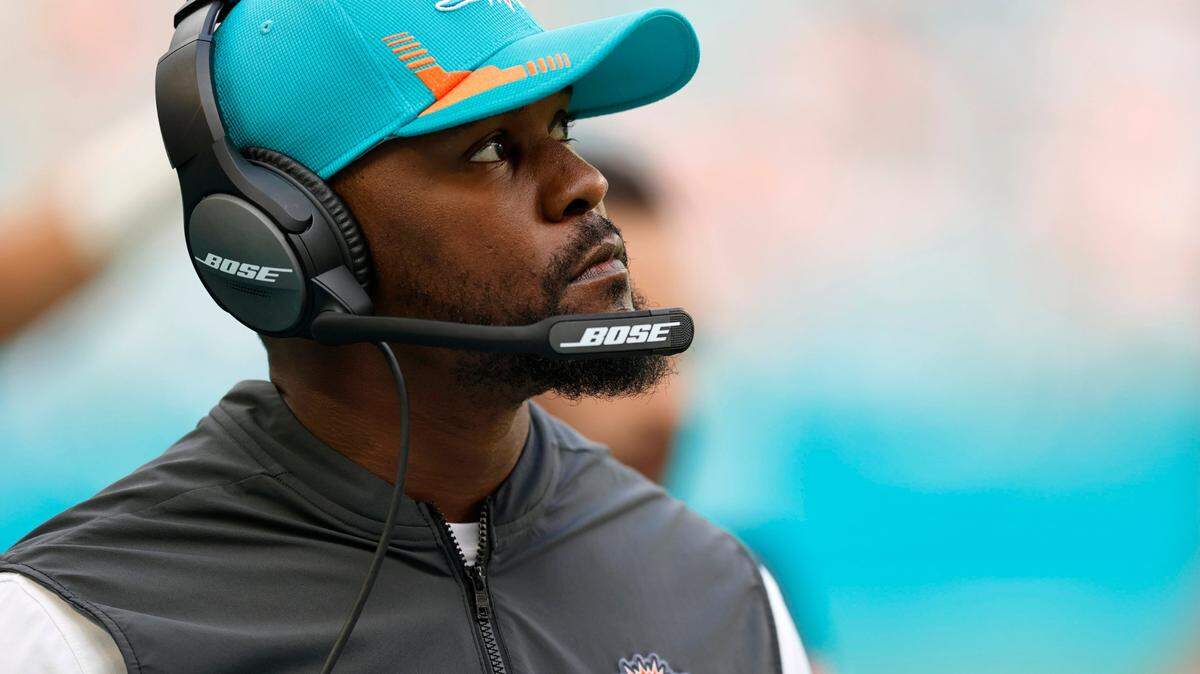 Miami Dolphins head coach Brian Flores looks on during the first quarter of an NFL football game against the New York Jets at Hard Rock Stadium in Miami Gardens, Florida on Sunday, Dec. 19, 2021, on Sunday, Dec. 19, 2021.