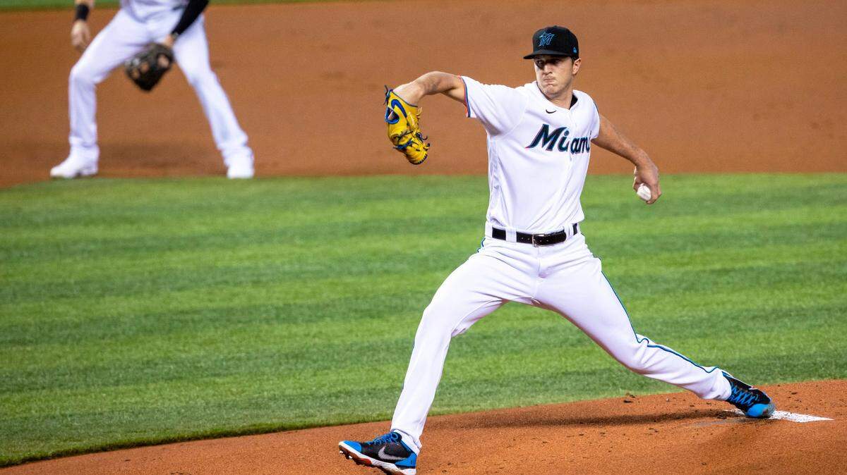 Miami Marlins left-handed pitcher Trevor Rogers (95) throws a pitch during the first inning of a Major League Baseball game against the Philadelphia Phillies at Marlins Park in Miami, Florida on Friday, September 11, 2020.