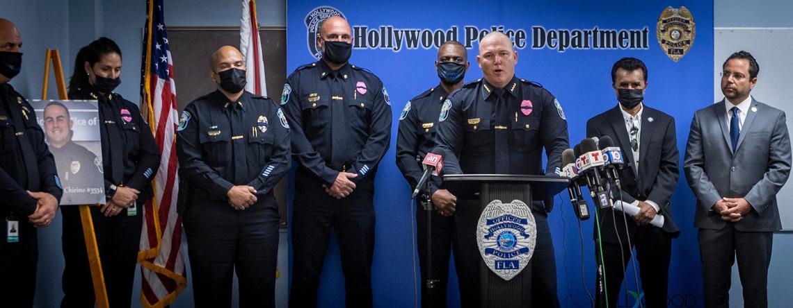 Hollywood, Florida, October 18, 2021 - Hollywood Police Chief Chris O’Brien speaks during a press conference at the Hollywood Police Dept. to announce the death of officer Yandy Chirino who was shot and killed during an altercation with a suspect late Sunday night. The 18-year-old suspect is in custody and is expected to face first-degree murder charges.