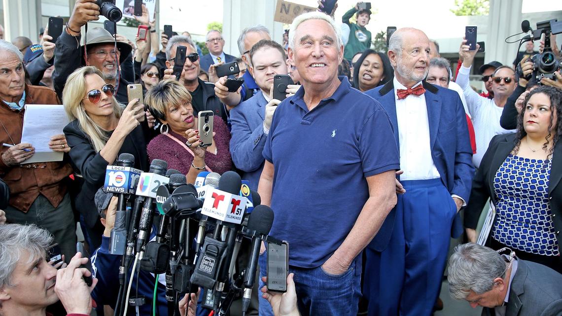 Roger Stone speaks to the media after being indicted at the Federal Courthouse in Fort Lauderdale, Florida, January 26, 2019.