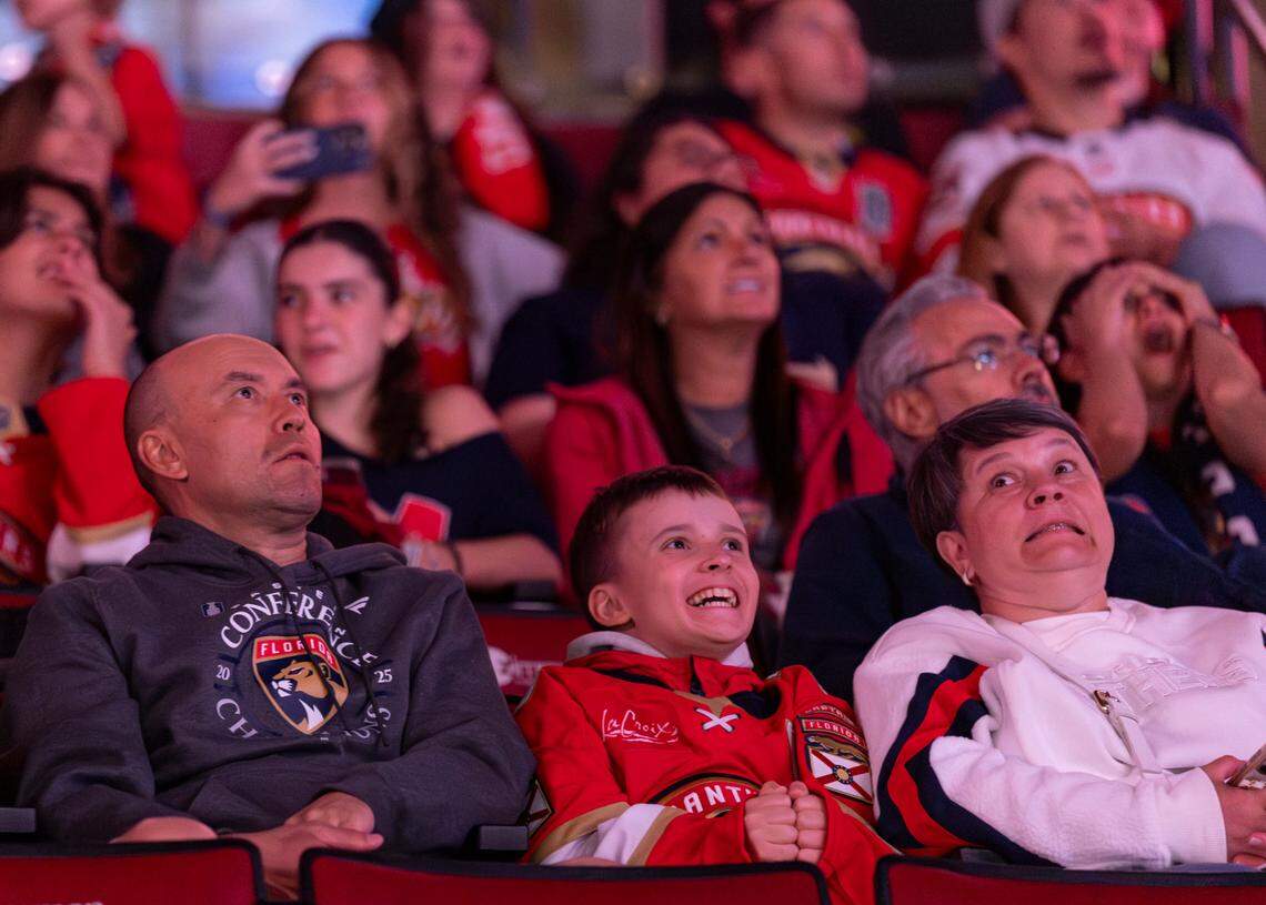 Florida Panthers fans react during a watch party after the Edmonton Oilers scored in Game 1 of the NHL Stanley Cup Final at the Amerant Bank Arena on Wednesday, June 4, 2025, in Sunrise, Fla.