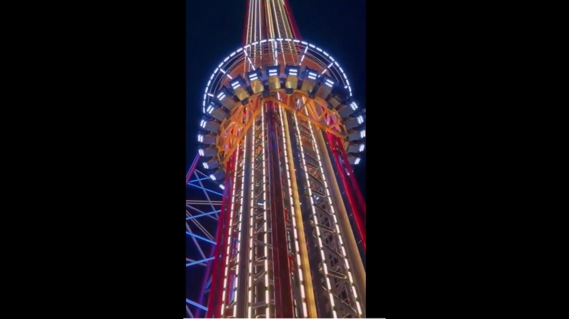 This is a video screenshot of the ride Orlando Free Fall at Icon Park in Orlando as it began to rise prior to the deadly fall.