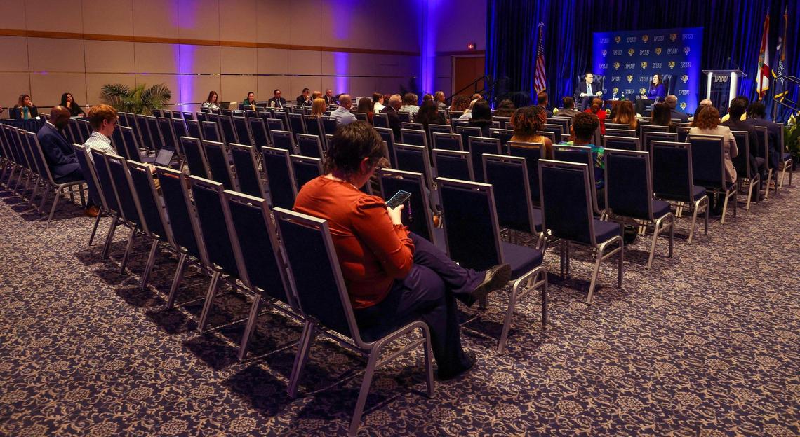 Search consultant R. William “Bill” Funk, left on stage, sits with interim President Jeanette Nuñez, right on stage, as FIU held its Presidential Candidate Community Session inside the Graham Center Ballroom at the Modesto A. Maidique Campus, Miami, Florida, on Tuesday, May 21, 2025.