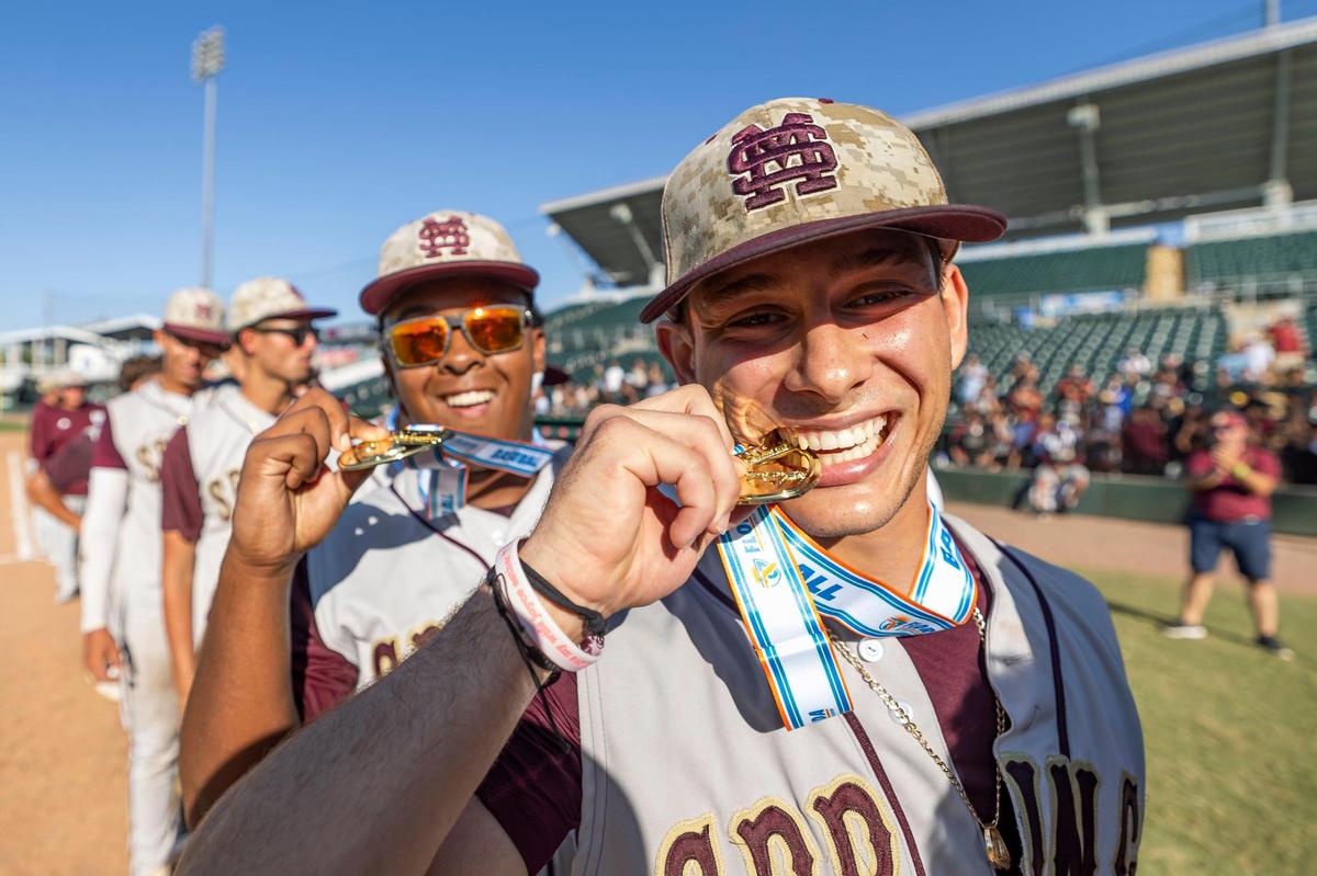 Miami Springs Golden Hawks celebrate after defeating the South Walton Seahawks in their Class 3A state baseball championship game at Hammond Stadium on Tuesday, May 20, 2025, in Fort Myers, Fla.