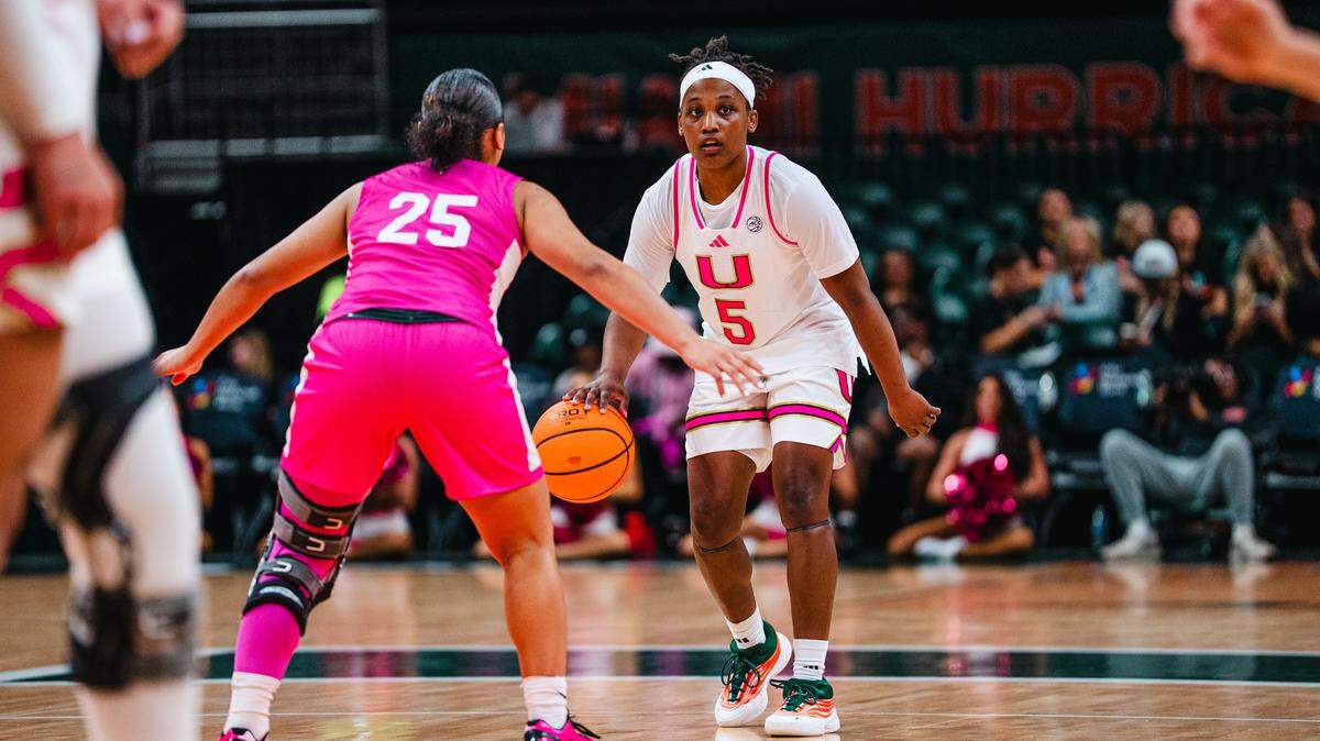 University of Miami guard Ahnay Adams brings the ball up the court during the Hurricanes’ 69-60 win over the California Bears on Feb. 22, 2026 at the Watsco Center.
